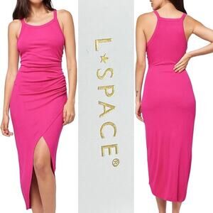 L*Space Bardot Ruched Tulip Hem Cover Up Midi Dress Pink Womens Size Medium NWT